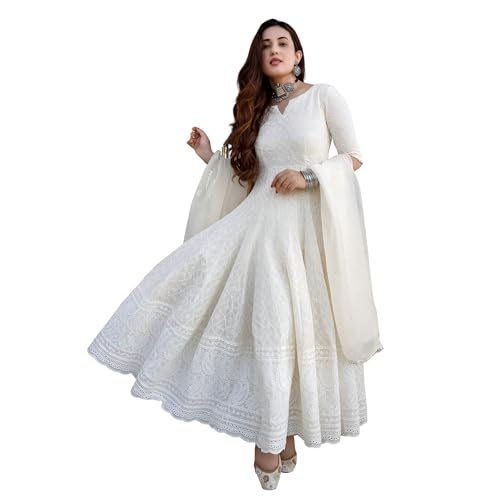 INDACORIFY Hndamale Chikankari Reine Baumwolle indisches festliches Kurti mit Dupatta-Set für Frauen (DE/NL/SE/PL, Alphanumerisch, S, Regular, Regular, Baumwolle) von INDACORIFY