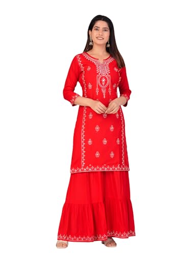 INDACORIFY Rayon Kurta Sharara und Dupatta Set Stickerei Indische Kurti Wunderschönes Kleid Weichheit Elevate Look Kleid (DE/NL/SE/PL, Alphanumerisch, L, Regular, Regular, Rot) von INDACORIFY