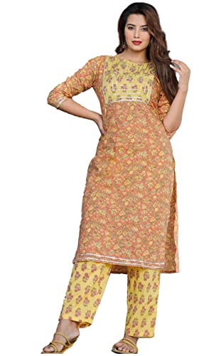 INDACORIFY Schöner, bedruckter Kurti-Hosenanzug aus Baumwolle für Mädchen und Frauen, Festliche Party-Bürokleidung, Salwar Kameez (XX-Large(44), Yellowish Orange) von INDACORIFY