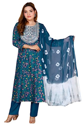 INDACORIFY Schöner bedruckter Kurti-Hose aus Baumwolle, Dupatta-Anzug für Mädchen und Frauen, Festliche Party, Büro, traditionelle Kleidung (XX-Large(44)) von INDACORIFY