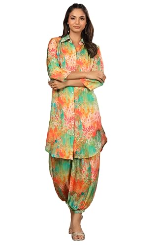 INDACORIFY Wunderschöne Kurta mit goldenem Rayon-Print auf beiden Seiten mit goldener Hose mit festlichem Party-Bürokleid (Medium(38)) von INDACORIFY