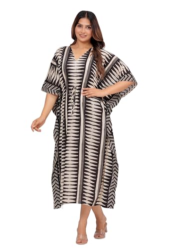 INDACORIFY Wunderschöner handbedruckter Kaftan aus Bio-Baumwolle für Strandkleidung, langes Kleid, bequemes Nachtwäschekleid (100% Bio-Baumwolle, Design- 02) von INDACORIFY