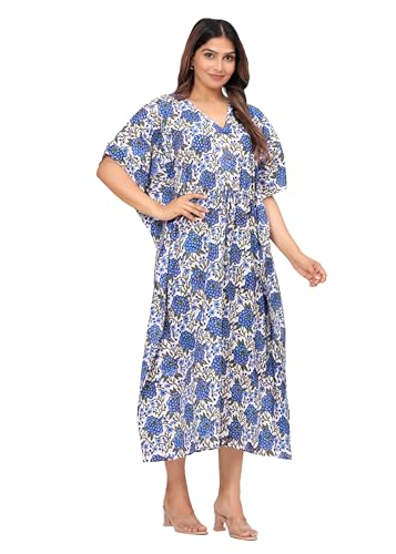 INDACORIFY Wunderschöner handbedruckter Kaftan aus Bio-Baumwolle für Strandkleidung, langes Kleid, bequemes Nachtwäschekleid (100% Bio-Baumwolle, Design- 09) von INDACORIFY