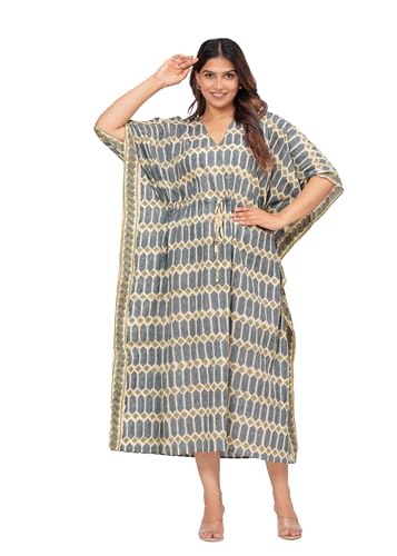 INDACORIFY Wunderschöner handbedruckter Kaftan aus Bio-Baumwolle für Strandkleidung, langes Kleid, bequemes Nachtwäschekleid (100% Bio-Baumwolle, Design- 18) von INDACORIFY