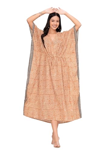 INDACORIFY Wunderschöner handbedruckter Kaftan aus Bio-Baumwolle für Strandkleidung, langes Kleid, bequemes Nachtwäschekleid (100% Bio-Baumwolle, Design- 19) von INDACORIFY