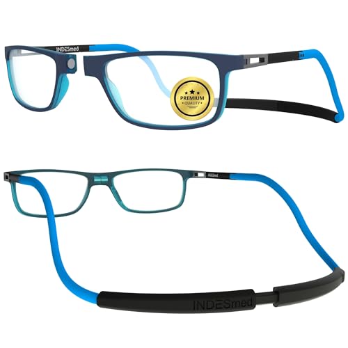 INDESMED Lesebrillen mit Magnetverschluss Schutz vor Blauem Licht, ultraleichtes und modernes Design – Anpassbare Bänder für Männer und Frauen – Eleganz und Komfort (Blau, 3, Dioptrien) von INDESMED