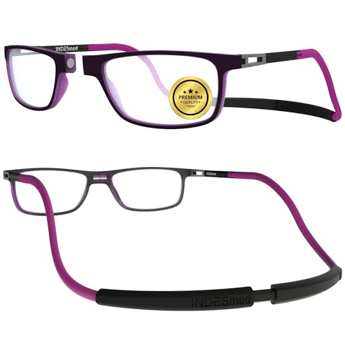 INDESMED Lesebrillen mit Magnetverschluss Schutz vor Blauem Licht, ultraleichtes und modernes Design – Anpassbare Bänder für Frauen – Eleganz und Komfort (Lila, 1.5, Dioptrien) von INDESMED