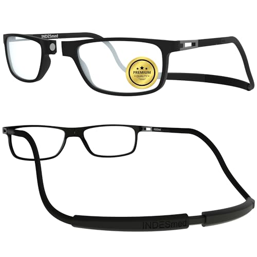INDESMED Lesebrillen mit Magnetverschluss Schutz vor Blauem Licht, ultraleichtes und modernes Design – Anpassbare Bänder für Männer und Frauen – Eleganz und Komfort (Schwarz, 3, Dioptrien) von INDESMED