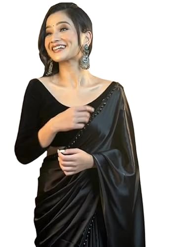 INDIA MADE 7006 Damen-Sari aus weichem Satin, schwer, mit Designer-Handarbeit, Spitze mit ungesäumtem Blusenteil (schwarz), Mehrfarbig, Einheitsgröße von INDIA MADE