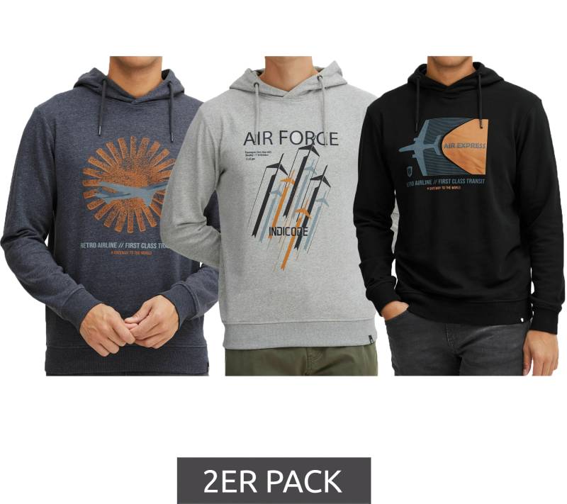 2er Sparpack INDICODE Forzo Herren Baumwoll-Hoodie nachhaltiger Kapuzen-Sweater mit großem Frontprint 55-581MM in Grau, Navy oder Schwarz von INDICODE
