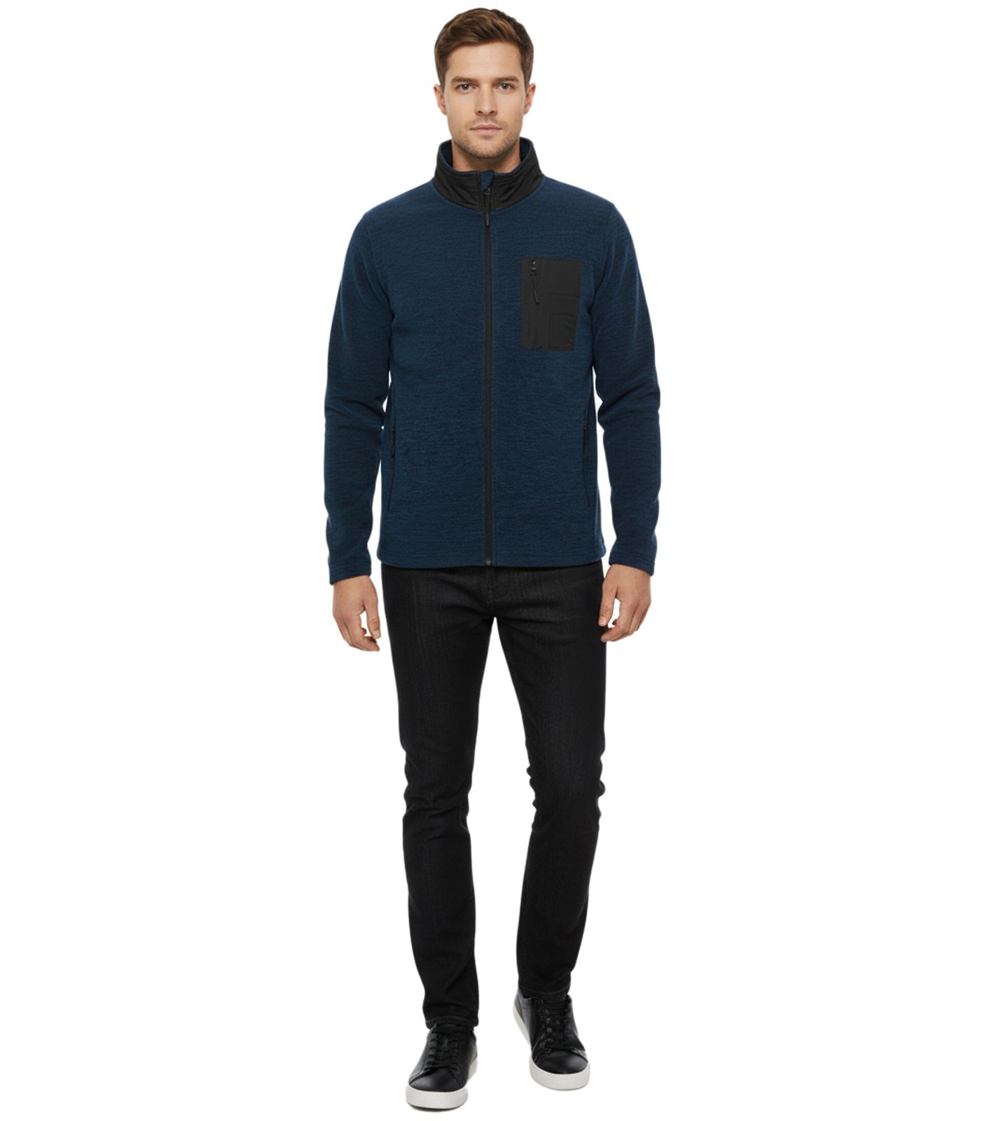 INDICODE Wilton Herren Fleece-Jacke mit Stehkragen und Brusttasche Übergangs-Jacke in melierter Optik 55383MM 420 Navy/Schwarz von INDICODE