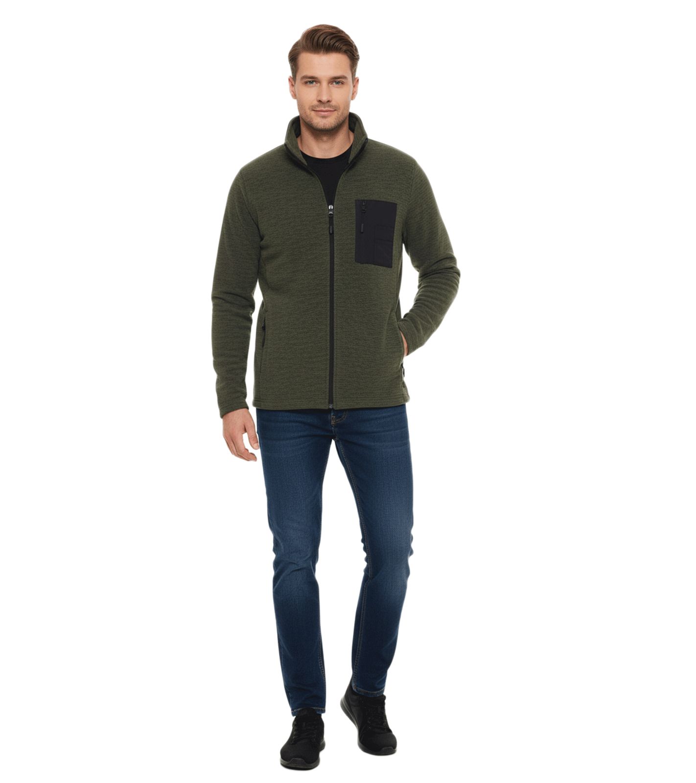 INDICODE Wilton Herren Fleece-Jacke mit Stehkragen und Brusttasche Übergangs-Jacke in melierter Optik 55383MM 600 Grün von INDICODE