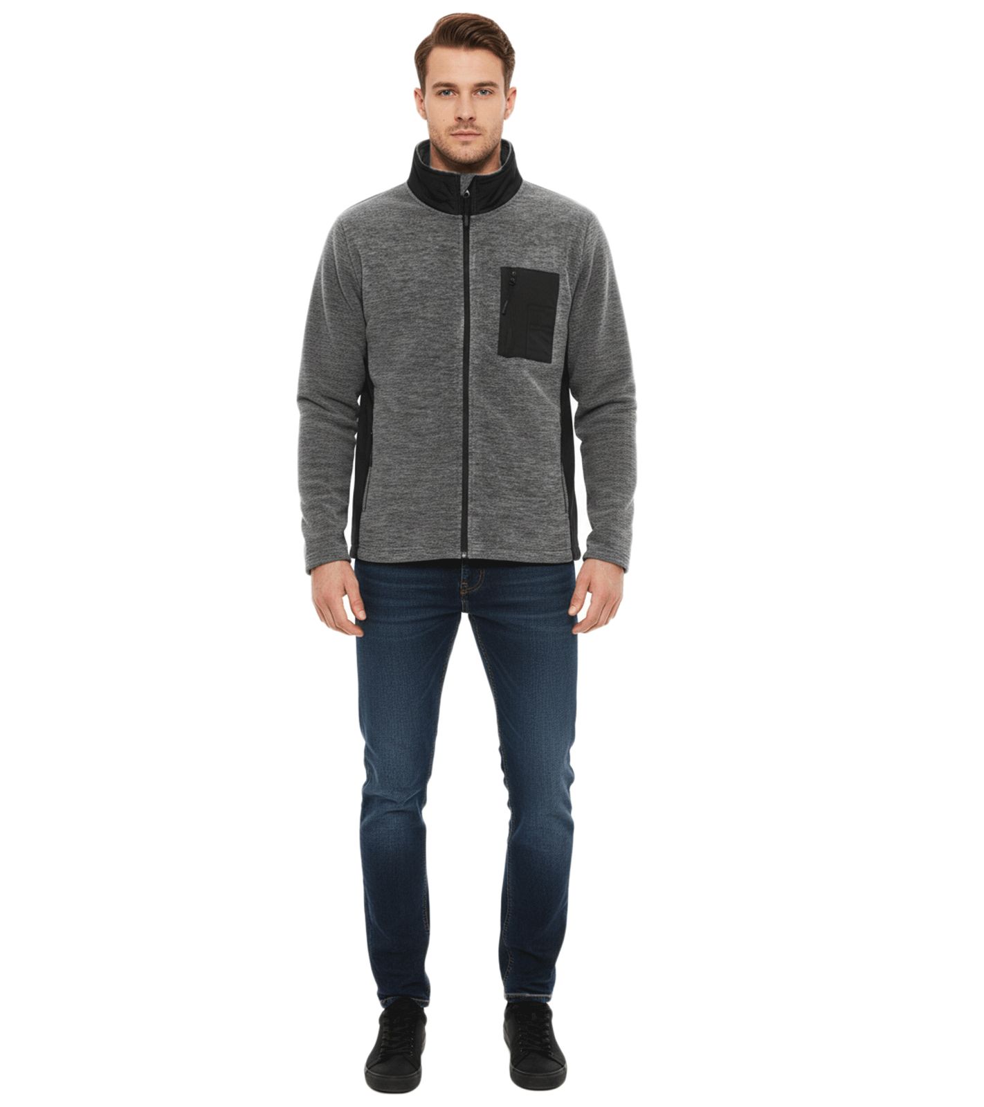 INDICODE Wilton Herren Fleece-Jacke mit Stehkragen und Brusttasche Übergangs-Jacke in melierter Optik 55383MM 999 Grau/Schwarz von INDICODE