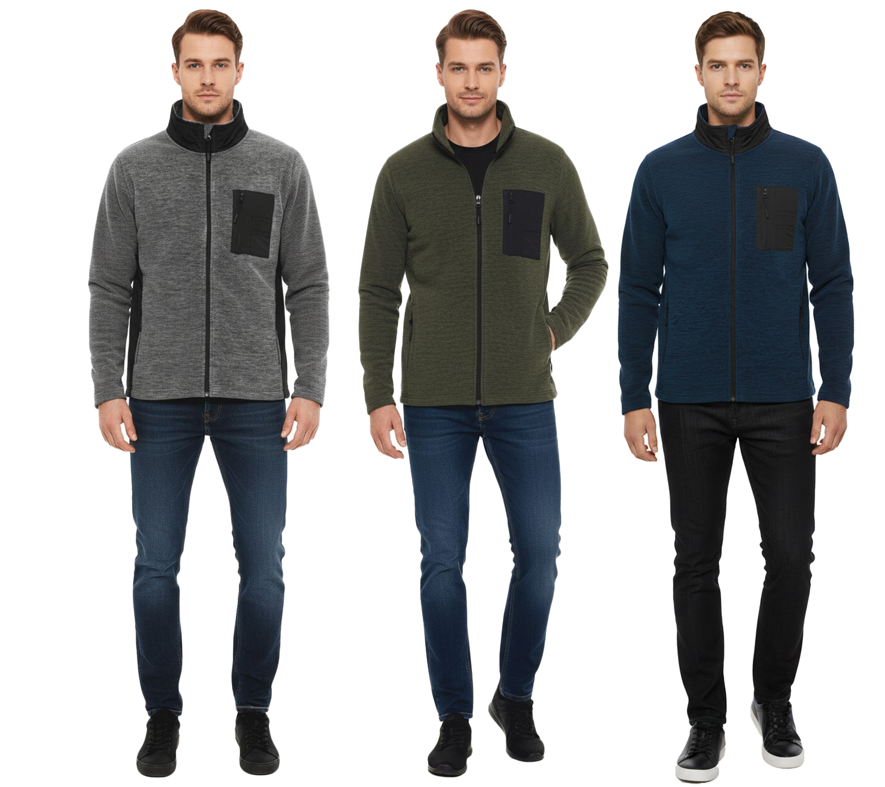 INDICODE Wilton Herren Fleece-Jacke mit Stehkragen und Brusttasche Übergangs-Jacke in melierter Optik 55383MM in Grau/Schwarz, Grün, oder Navy/Schwarz von INDICODE