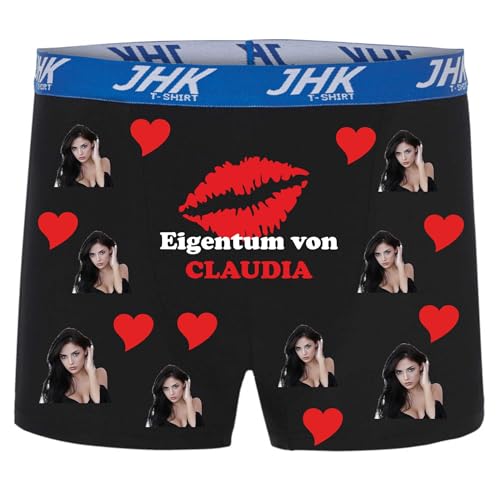 Boxershorts - Mann - schwarz - M - beidseitig - vollflächig - mit Herz, Wunschtext - Eigentum von - Foto personalisiert - lustiges Motiv - Spruch - Unterwäsche - Unterhose - Freizeit - lustig von INDIGOS UG