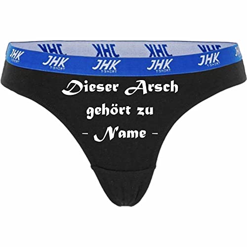 Damen Thong Slip - schwarz - S - Dieser Arsch gehört zu ... - bedruckt hinten - Wunschtext - individuell personalisiert - lustiges Motiv - Spruch - Unterwäsche - Unterhose - Freizeit - lustig von INDIGOS UG