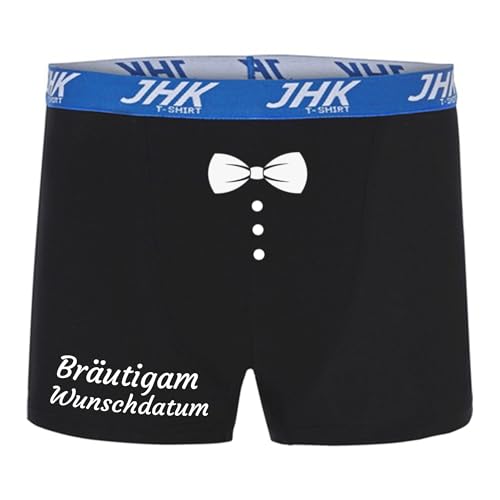 INDIGOS UG - Herren Boxershorts - Hochzeit - Bräutigam, Fliege - schwarz - L - Wunschdatum - Freundesgruppe, Hochzeit, Feier, Junggesellenabschied - lustiges Motiv - Spruch - JHK Unterhose - Freizeit von INDIGOS UG