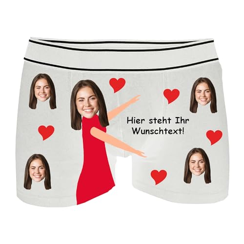 INDIGOS UG - Herren Boxershorts mit Gesicht Foto - weiß - XL - beidseitig - vollflächig - Frau zeigt Größe Herzen & Gesicht - Boxershorts Herren - personalisierte Geschenke - lustiges Motiv von INDIGOS UG