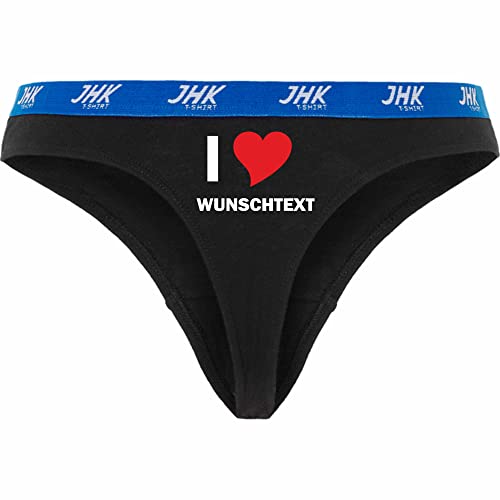 INDIGOS UG - Slip Damen Thong - schwarz - S - vorn - I Liebe Love mit Ihrem Namen oder Wunschtext bedruckt - personalisierte Geschenke - Damenunterwäsche - Unterhose personalisiert - Freizeit - lustig von INDIGOS UG