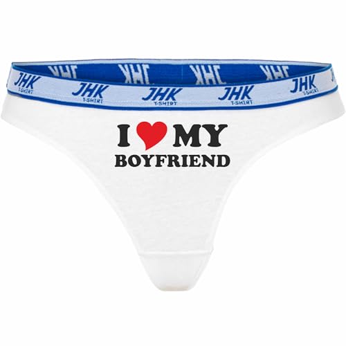 INDIGOS UG Slip Damen - weiß - S - vorn - I Love My Boyfriend - Fun Unterhose für Frau - Unterwäsche Thong - Party, Fußball, Geschenk, Freizeit von INDIGOS UG