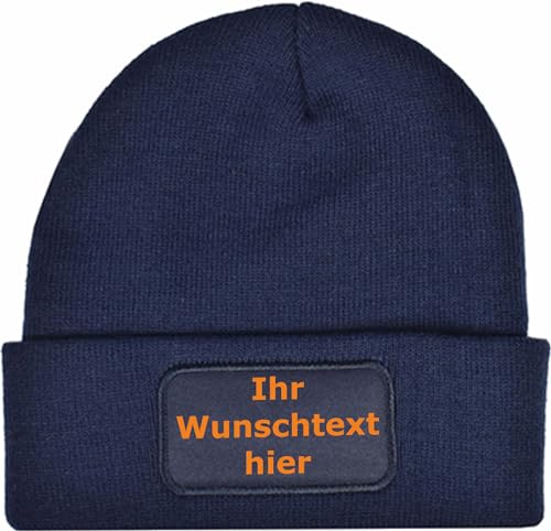 INDIGOS UG - Mütze Herren Winter Navy Bedruckt mit Wunschtext oder Name - Strickmütze mit Patch - für Winter, Ski, Party, Apres-Ski - personalisiert selbst gestalten von INDIGOS UG