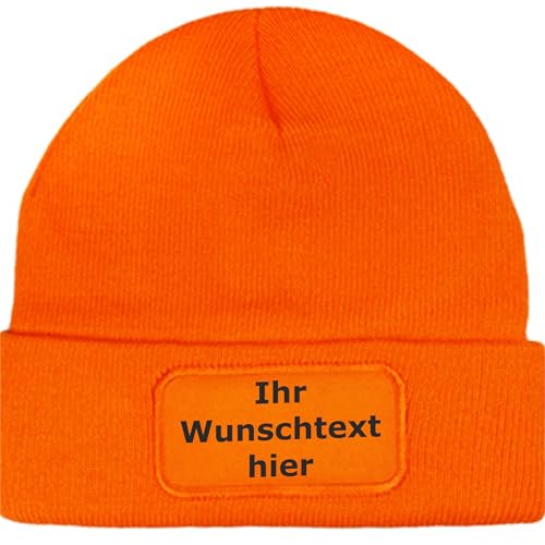 INDIGOS UG - Mütze orange Bedruckt mit Wunschtext oder Name - Strickmütze mit Patch - für Winter, Ski, Party, Apres-Ski - individuell selbst gestalten von INDIGOS UG