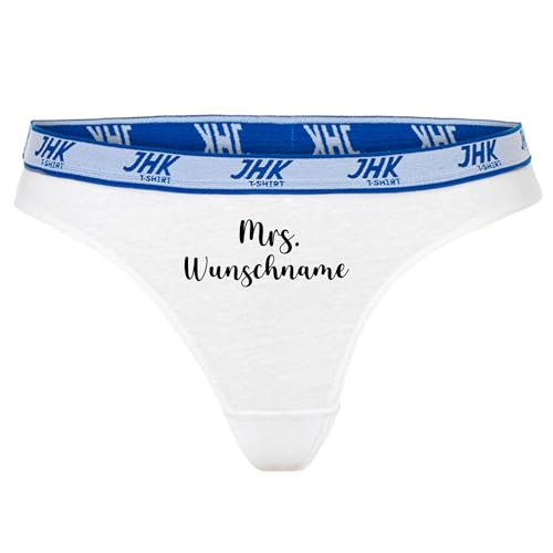 INDIGOS UG - Slip Damen Thong - Hochzeit - Mrs Wunschname - weiß - L - Wunschtext - Freunde, Hochzeit, Feier, Junggesellenabschied - lustiges Motiv - Spruch - JHK Unterhose - Damenterwäsche von INDIGOS UG