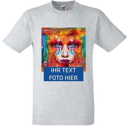 T-Shirt Herren - grau L - Aufdruck individuell - mit Foto Bedruckt - Wunschtext - Druck personalisiert - Geschenk für Party Sport von INDIGOS UG