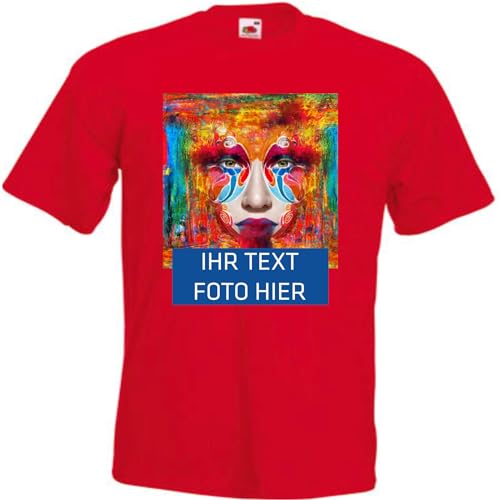 T-Shirt Herren - rot M - Aufdruck individuell - mit Foto Bedruckt - Wunschtext - Druck personalisiert - Geschenk für Party Sport von INDIGOS UG