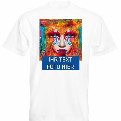 T-Shirt Herren - weiß L - Aufdruck individuell - mit Foto Bedruckt - Wunschtext - Druck personalisiert - Geschenk für Party Sport von INDIGOS UG