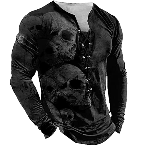 Herren Gothic Totenkopf 3D Druck T-Shirt Langarm Distressed Shirt V-Ausschnitt Lace Up T Shirt Retro Motorrad Pullover Tops von INDIRAN