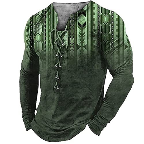 Herren V-Ausschnitt Lace Up Langarm T-Shirt Ethnic Style Gedruckt Retro Biker Motorrad Distressed T Shirt Outdoor Street Pullover Tops von INDIRAN