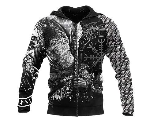 INDIRAN Herren Zip Up Hooded Sweatshirt Wikinger Symbol Tattoo Muster Print Hoodie Unisex Langarm Pullover Zip Cardigan mit Tasche von INDIRAN