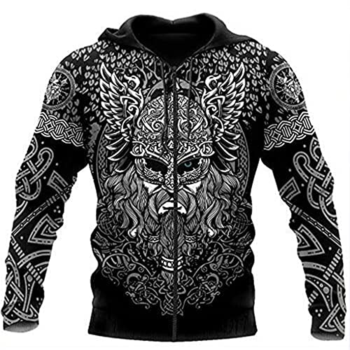 INDIRAN Herrenmode Kapuzenpullis 3D Wikinger Tattoo Druck Reißverschluss Jacken Wikinger Langarm Strickjacke Kapuzenpullover mit Kordelzug von INDIRAN