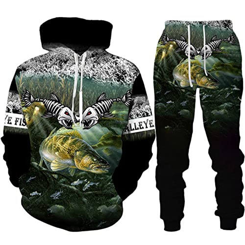 INDIRAN Männer Trainingsanzug Set Köder Angeln 3D gedruckt Hoodie und Jogger Hose Anzug zweiteiliges Set Mode Casual Sweatshirt Set von INDIRAN