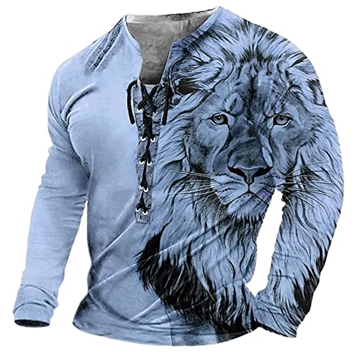 Männer Tier Löwe gedruckt Langarm-T-Shirt V-Ausschnitt Lace Up Henley Shirts Vintage Distressed Outdoor Street Pullover Top von INDIRAN