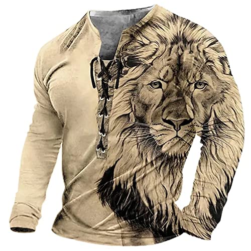 Männer Tier Löwe gedruckt Langarm-T-Shirt V-Ausschnitt Lace Up Henley Shirts Vintage Distressed Outdoor Street Pullover Top von INDIRAN