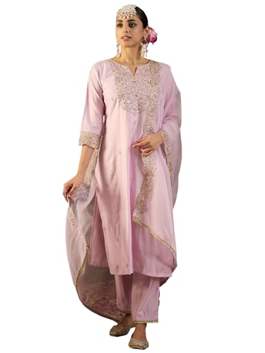 INDO ERA Damen Viskose bestickt gerade Kurta & Hose mit Dupatta Set, Kurta Set, Lavendel, XS von INDO ERA