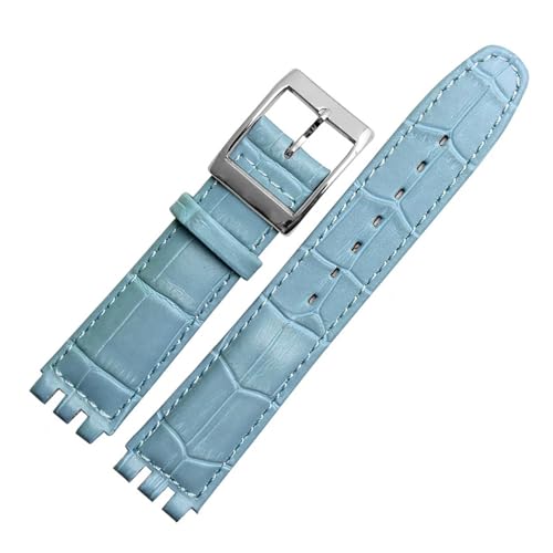 INEOUT 17-mm-19-mm-Armband, Kompatibel Mit Swatch-Band, Echtes Kalbsleder-Uhrenarmband, Schwarz, Braun, Weiß, Wasserdicht (Color : Sky blue silver, Size : 17mm) von INEOUT