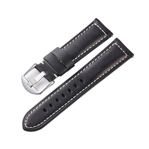 INEOUT Crazy Horse Leder Uhrenarmbänder Wirst Uhr Leder Riemen 20mm 22mm 24mm Herren Uhr Armband Rindsleder Gürtel (Color : Black-Silver Buckle, Size : 24mm) von INEOUT