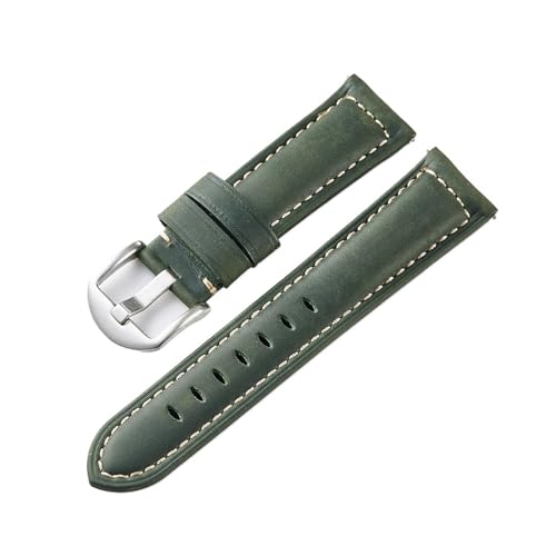 INEOUT Crazy Horse Leder Uhrenarmbänder Wirst Uhr Leder Riemen 20mm 22mm 24mm Herren Uhr Armband Rindsleder Gürtel (Color : Green-Silver Buckle, Size : 20mm) von INEOUT