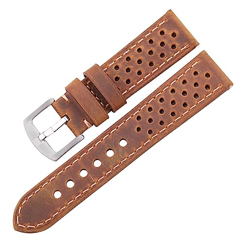 INEOUT Echtes Kuh Leder Armband Armband Frauen Männer Atmungsaktive Armband 4 Farben 20mm 22mm 24mm Gürtel Mit Stahl Dornschließe(Brown Silver Buckle,22mm) von INEOUT