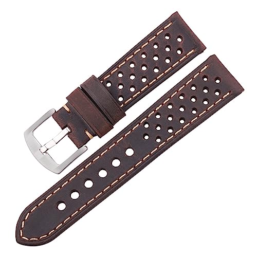 INEOUT Echtes Kuh Leder Armband Armband Frauen Männer Atmungsaktive Armband 4 Farben 20mm 22mm 24mm Gürtel Mit Stahl Dornschließe(Coffee Silver Buckle,22mm) von INEOUT