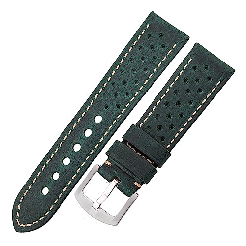 INEOUT Echtes Kuh Leder Armband Armband Frauen Männer Atmungsaktive Armband 4 Farben 20mm 22mm 24mm Gürtel Mit Stahl Dornschließe(Dark Green Silver,22mm) von INEOUT