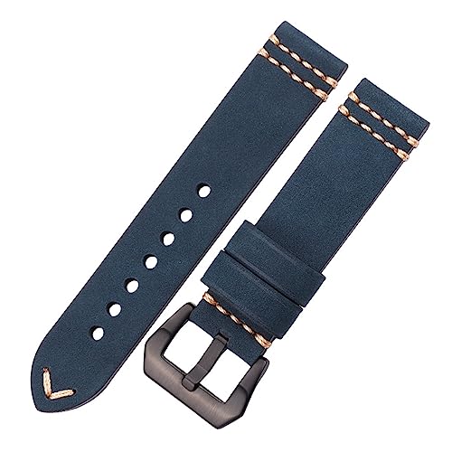 INEOUT Echtes Leder Handgefertigtes Uhrenarmband Braun Gelb Blau Damen Herren Rindsleder 20mm 22mm 24mm Riemen mit Dornschließe(Blue Black Buckle,24mm) von INEOUT
