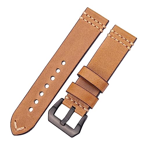 INEOUT Echtes Leder Handgefertigtes Uhrenarmband Braun Gelb Blau Damen Herren Rindsleder 20mm 22mm 24mm Riemen mit Dornschließe(Yellow Black Buckle,24mm) von INEOUT