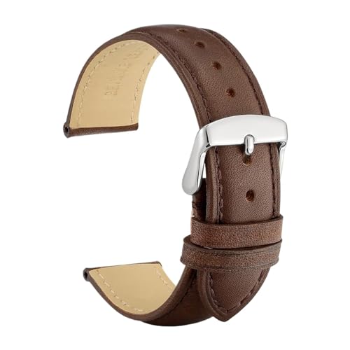 INEOUT Echtes Leder-Uhrenarmband, 14 Mm, 16 Mm, 18 Mm, 19 Mm, 20 Mm, 21 Mm, 22 Mm, 23 Mm, 24 Mm, Ersatzbänder For Männer Und Frauen (Color : Dark Brown-Silver-A, Size : 20mm) von INEOUT