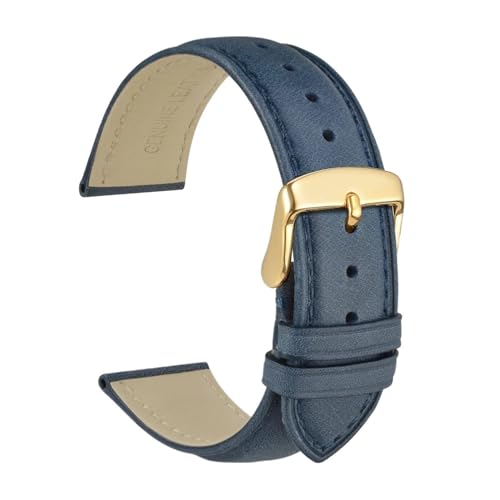 INEOUT Echtes Leder-Uhrenarmband, 14 Mm, 16 Mm, 18 Mm, 19 Mm, 20 Mm, 21 Mm, 22 Mm, 23 Mm, 24 Mm, Ersatzbänder For Männer Und Frauen (Color : Navy Blue-Gold, Size : 16mm) von INEOUT