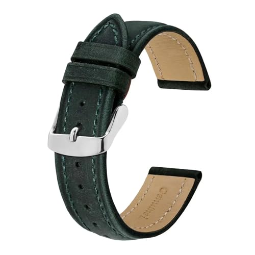 INEOUT Echtes Leder-Uhrenarmband, 14 Mm, 17 Mm, 18 Mm, 19 Mm, 20 Mm, 21 Mm, 22 Mm, 23 Mm, 24 Mm, Ersatzarmband For Herren Und Damen (Color : Green-Silver Buckle, Size : 15mm) von INEOUT