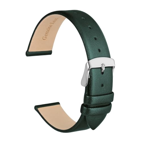 INEOUT Echtes Leder-Uhrenarmband, 8 Mm, 10 Mm, 12 Mm, 14 Mm, 16 Mm, 18 Mm, 20 Mm, Armband For Damen, Edelstahl-Schnalle, Ersatzarmband (Color : Dark Green-Silver, Size : 8mm) von INEOUT